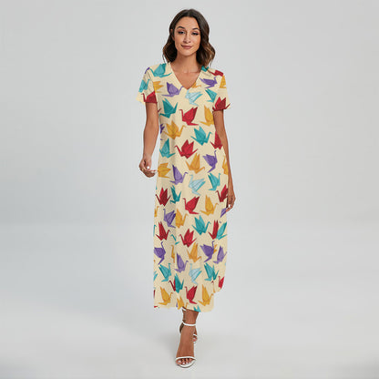 Colorful Origami Crane Pattern Print Short Sleeve Maxi Dress