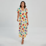 Colorful Origami Crane Pattern Print Short Sleeve Maxi Dress