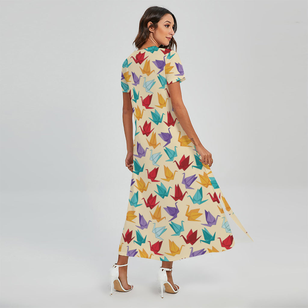 Colorful Origami Crane Pattern Print Short Sleeve Maxi Dress