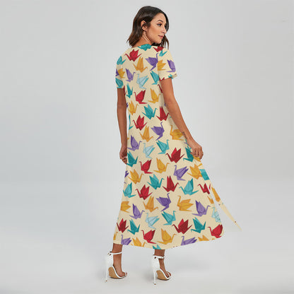 Colorful Origami Crane Pattern Print Short Sleeve Maxi Dress