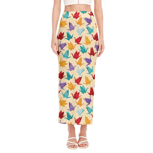 Colorful Origami Crane Pattern Print Side Slit Maxi Skirt