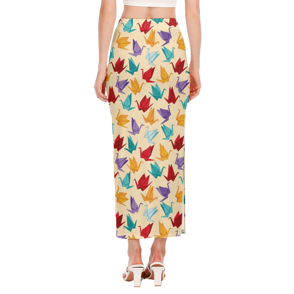 Colorful Origami Crane Pattern Print Side Slit Maxi Skirt