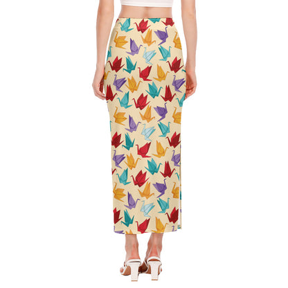 Colorful Origami Crane Pattern Print Side Slit Maxi Skirt