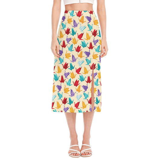 Colorful Origami Crane Pattern Print Side Slit Midi Skirt