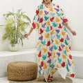 Colorful Origami Crane Pattern Print Silk V-Neck Kaftan Dress
