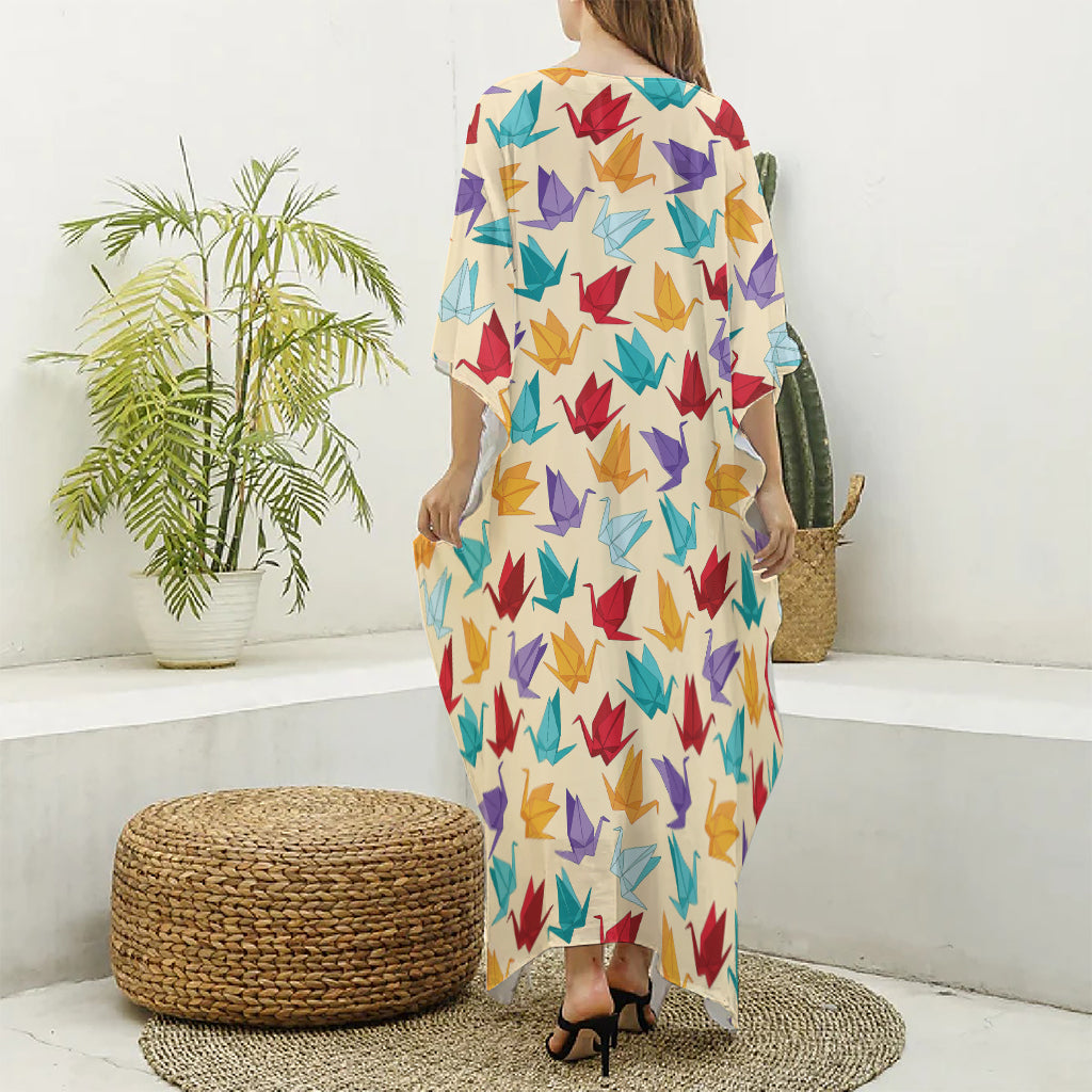 Colorful Origami Crane Pattern Print Silk V-Neck Kaftan Dress
