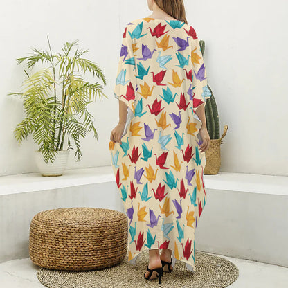 Colorful Origami Crane Pattern Print Silk V-Neck Kaftan Dress