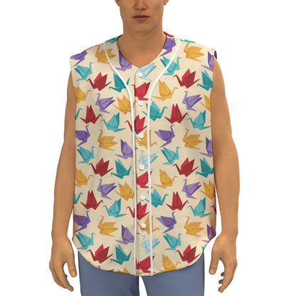 Colorful Origami Crane Pattern Print Sleeveless Baseball Jersey