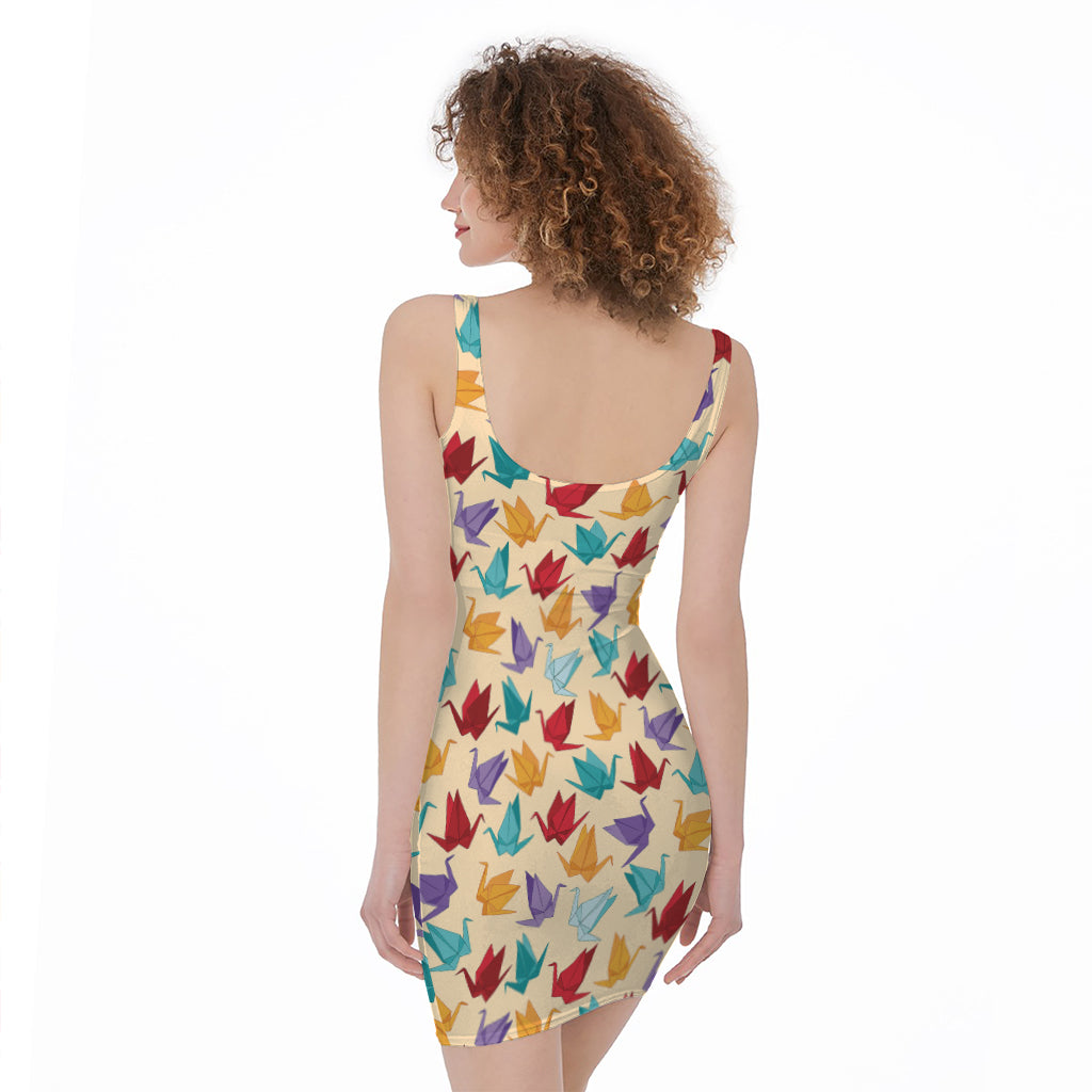 Colorful Origami Crane Pattern Print Sleeveless Bodycon Dress