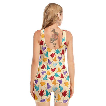 Colorful Origami Crane Pattern Print Sleeveless One Piece Swimsuit
