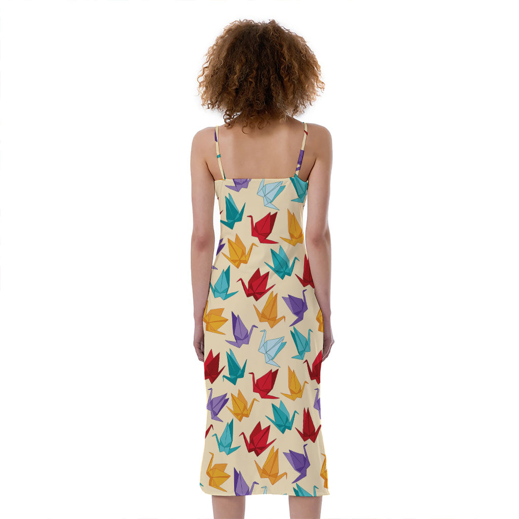 Colorful Origami Crane Pattern Print Slim Fit Midi Cami Dress