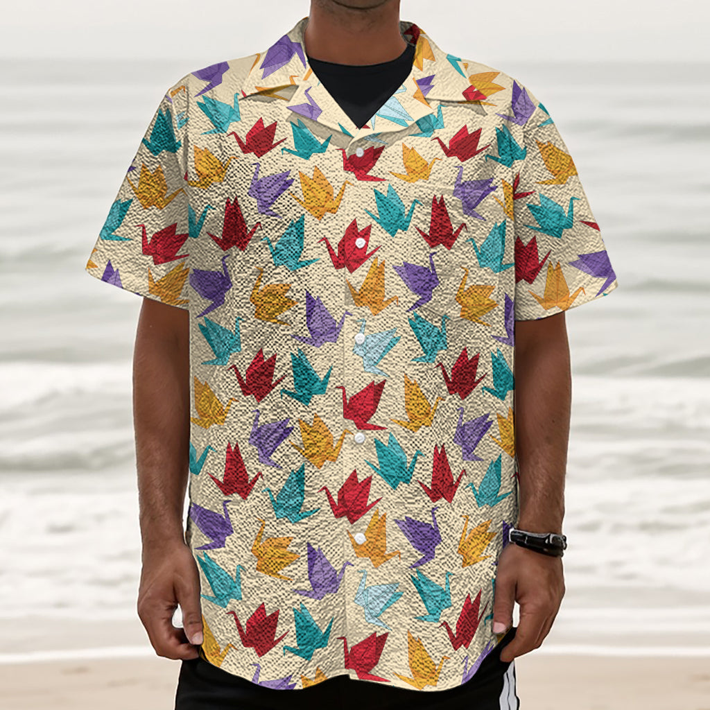 Colorful Origami Crane Pattern Print Textured Short Sleeve Shirt