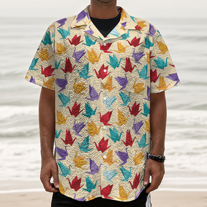 Colorful Origami Crane Pattern Print Textured Short Sleeve Shirt