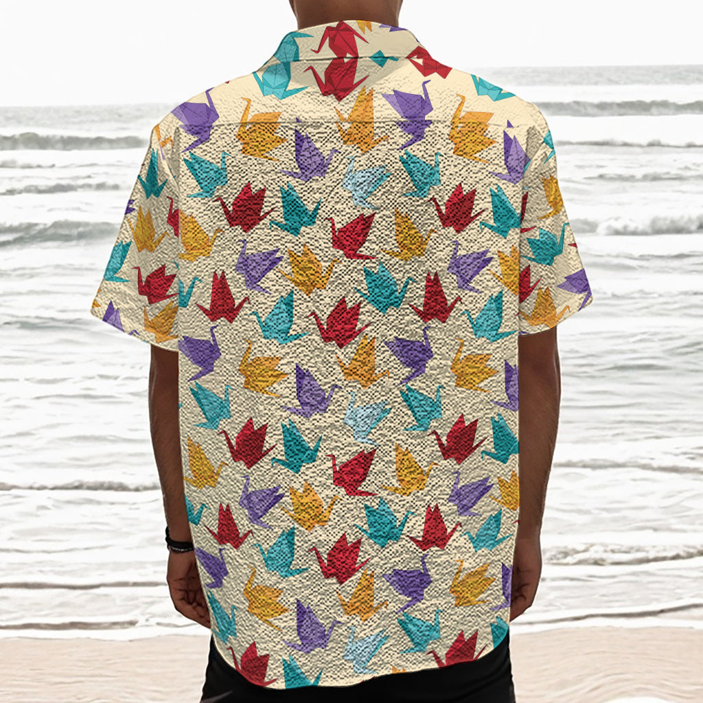 Colorful Origami Crane Pattern Print Textured Short Sleeve Shirt