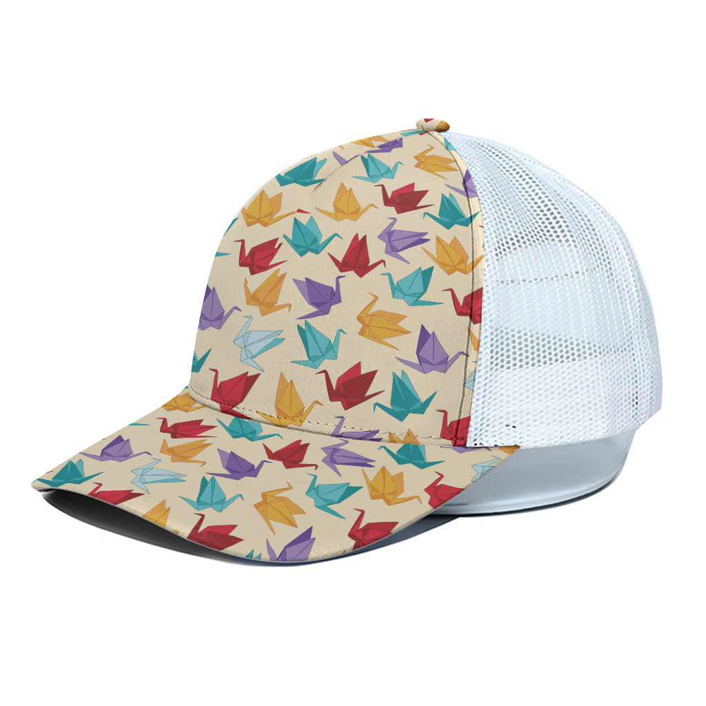 Colorful Origami Crane Pattern Print White Mesh Trucker Cap