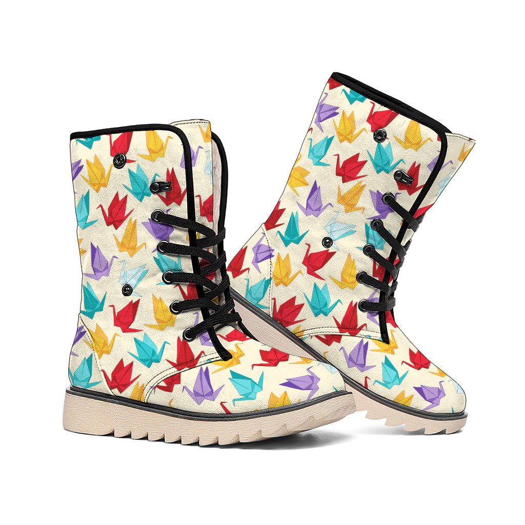 Colorful Origami Crane Pattern Print Winter Boots