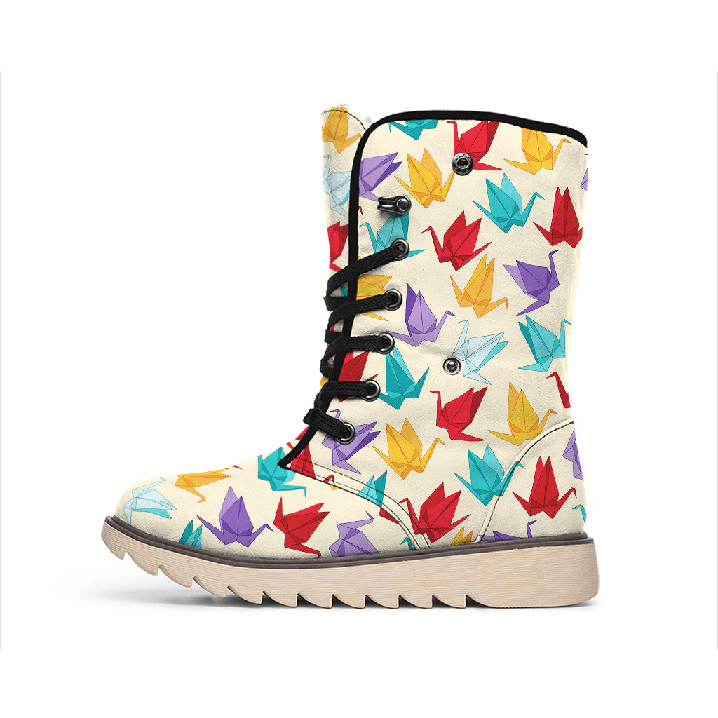 Colorful Origami Crane Pattern Print Winter Boots