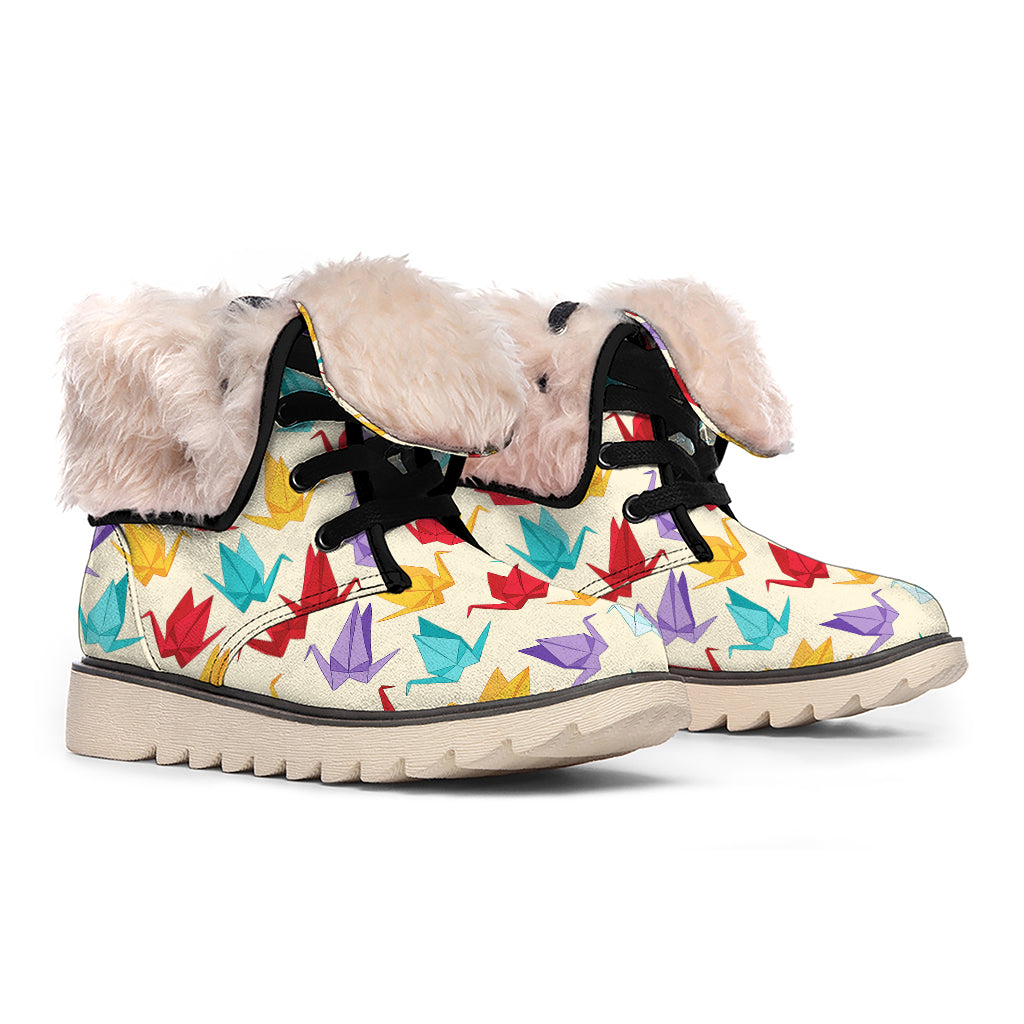 Colorful Origami Crane Pattern Print Winter Boots