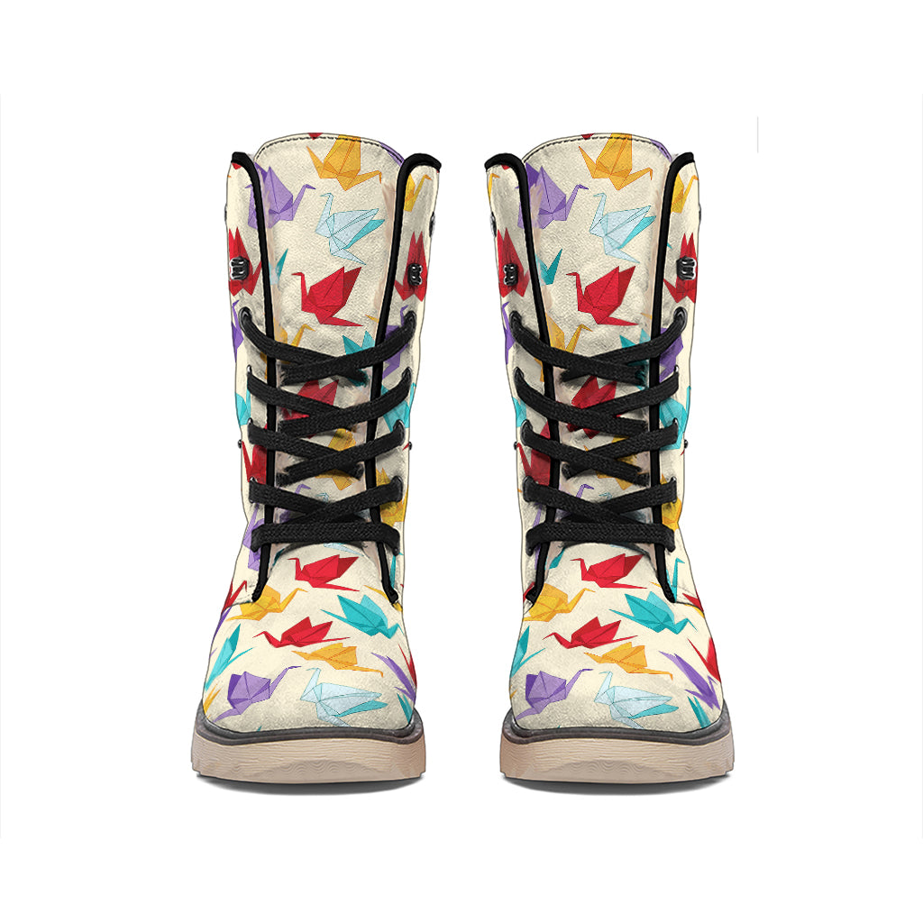 Colorful Origami Crane Pattern Print Winter Boots