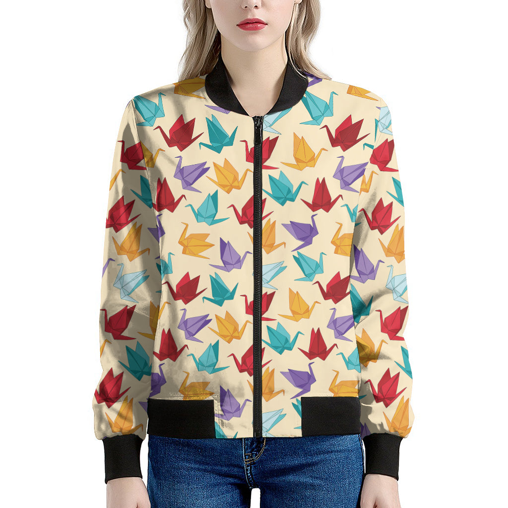 Colorful Origami Crane Pattern Print Women's Bomber Jacket