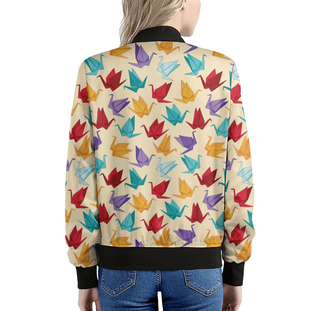 Colorful Origami Crane Pattern Print Women's Bomber Jacket