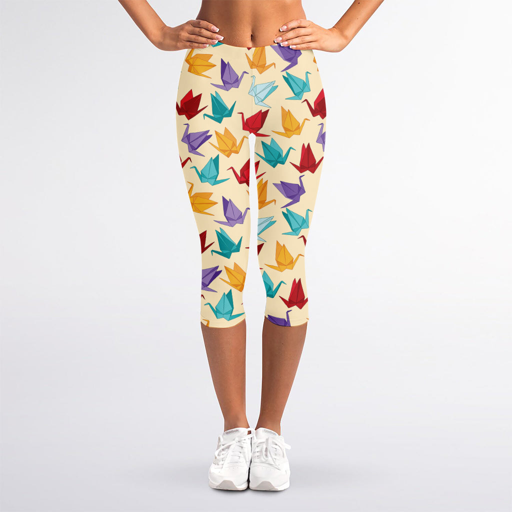 Colorful Origami Crane Pattern Print Women's Capri Leggings
