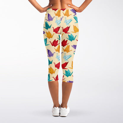 Colorful Origami Crane Pattern Print Women's Capri Leggings