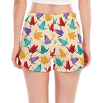Colorful Origami Crane Pattern Print Women's Split Running Shorts