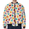Colorful Origami Crane Pattern Print Zip Sleeve Bomber Jacket