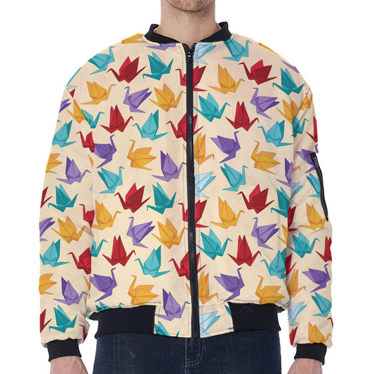 Colorful Origami Crane Pattern Print Zip Sleeve Bomber Jacket
