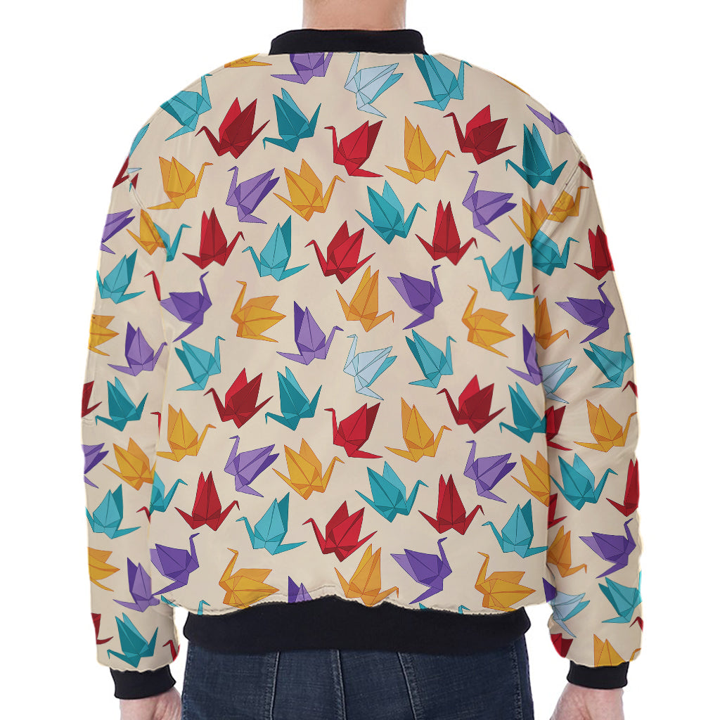 Colorful Origami Crane Pattern Print Zip Sleeve Bomber Jacket