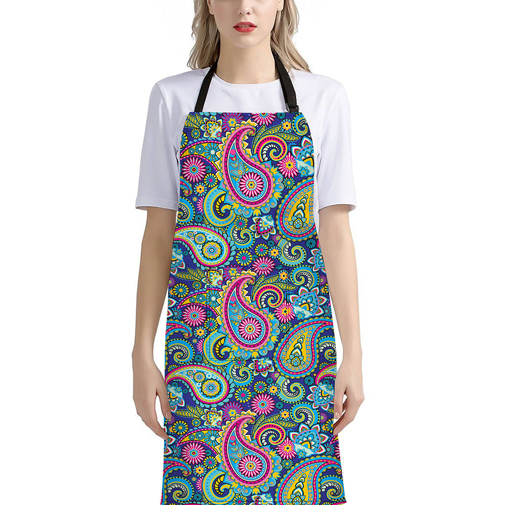 Colorful Paisley Pattern Print Bib Apron With Pocket
