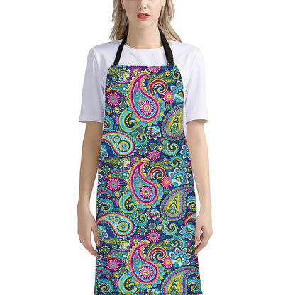 Colorful Paisley Pattern Print Bib Apron With Pocket