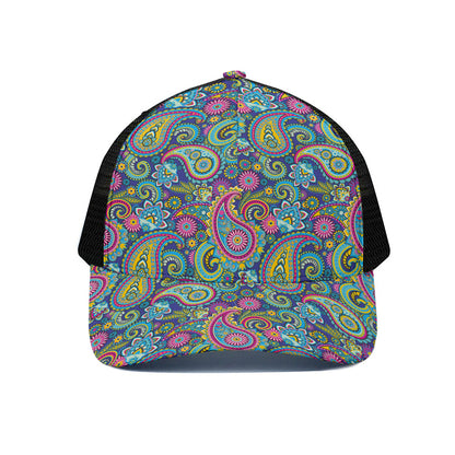 Colorful Paisley Pattern Print Black Mesh Trucker Cap