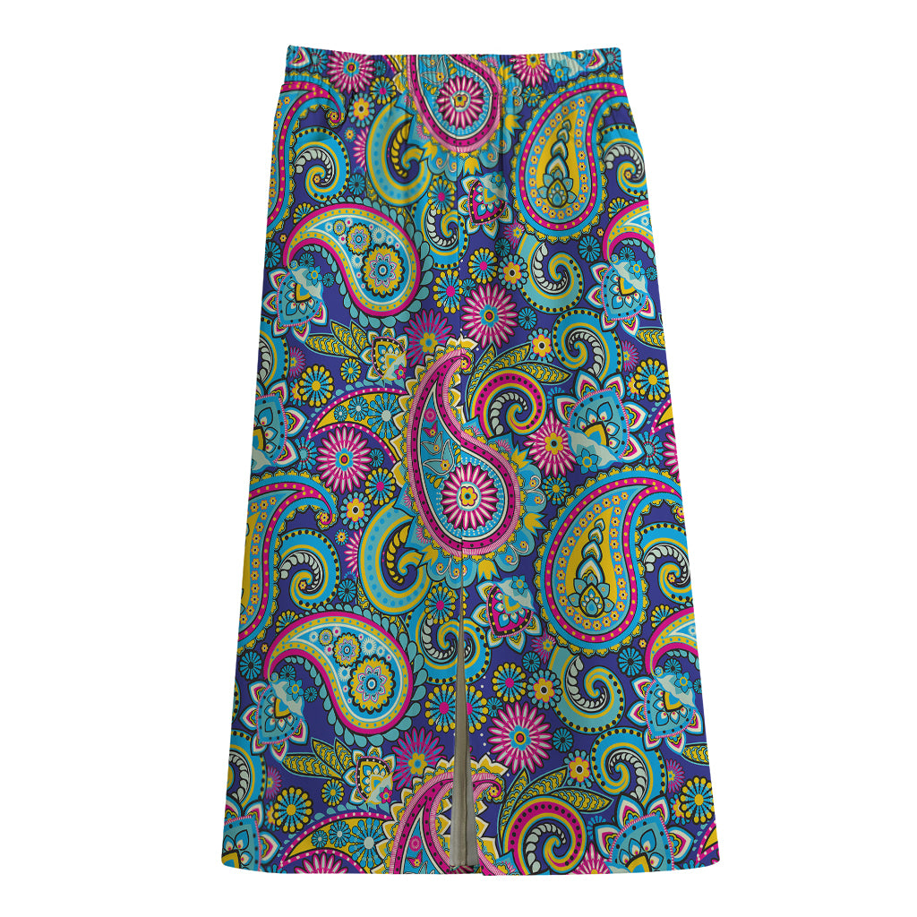 Colorful Paisley Pattern Print Cotton Front Slit Maxi Skirt