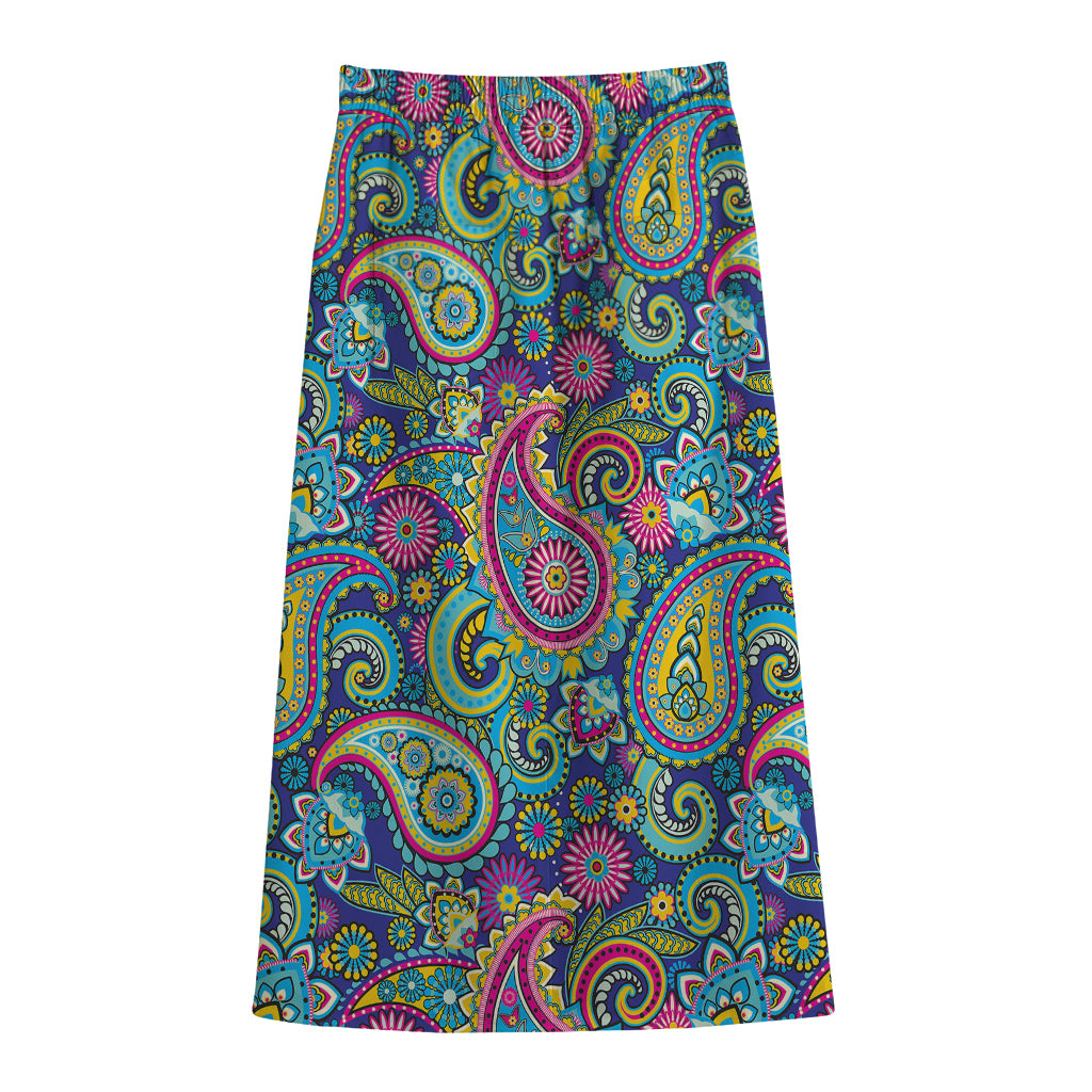 Colorful Paisley Pattern Print Cotton Front Slit Maxi Skirt
