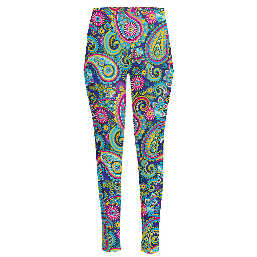 Colorful Paisley Pattern Print High-Waisted Pocket Leggings