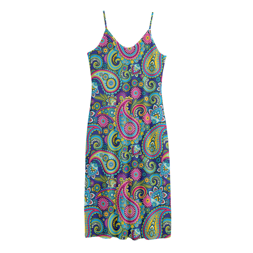 Colorful Paisley Pattern Print Jersey Midi Cami Dress