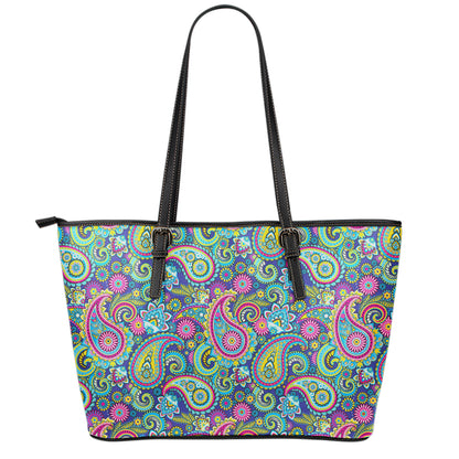 Colorful Paisley Pattern Print Leather Tote Bag