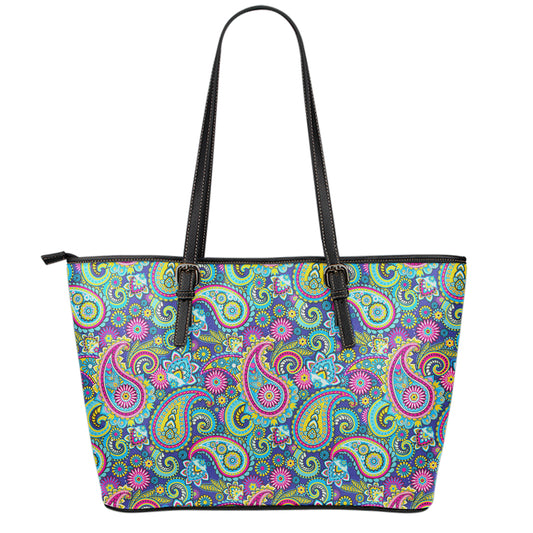 Colorful Paisley Pattern Print Leather Tote Bag