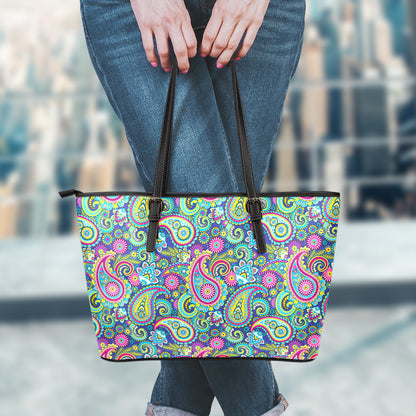 Colorful Paisley Pattern Print Leather Tote Bag