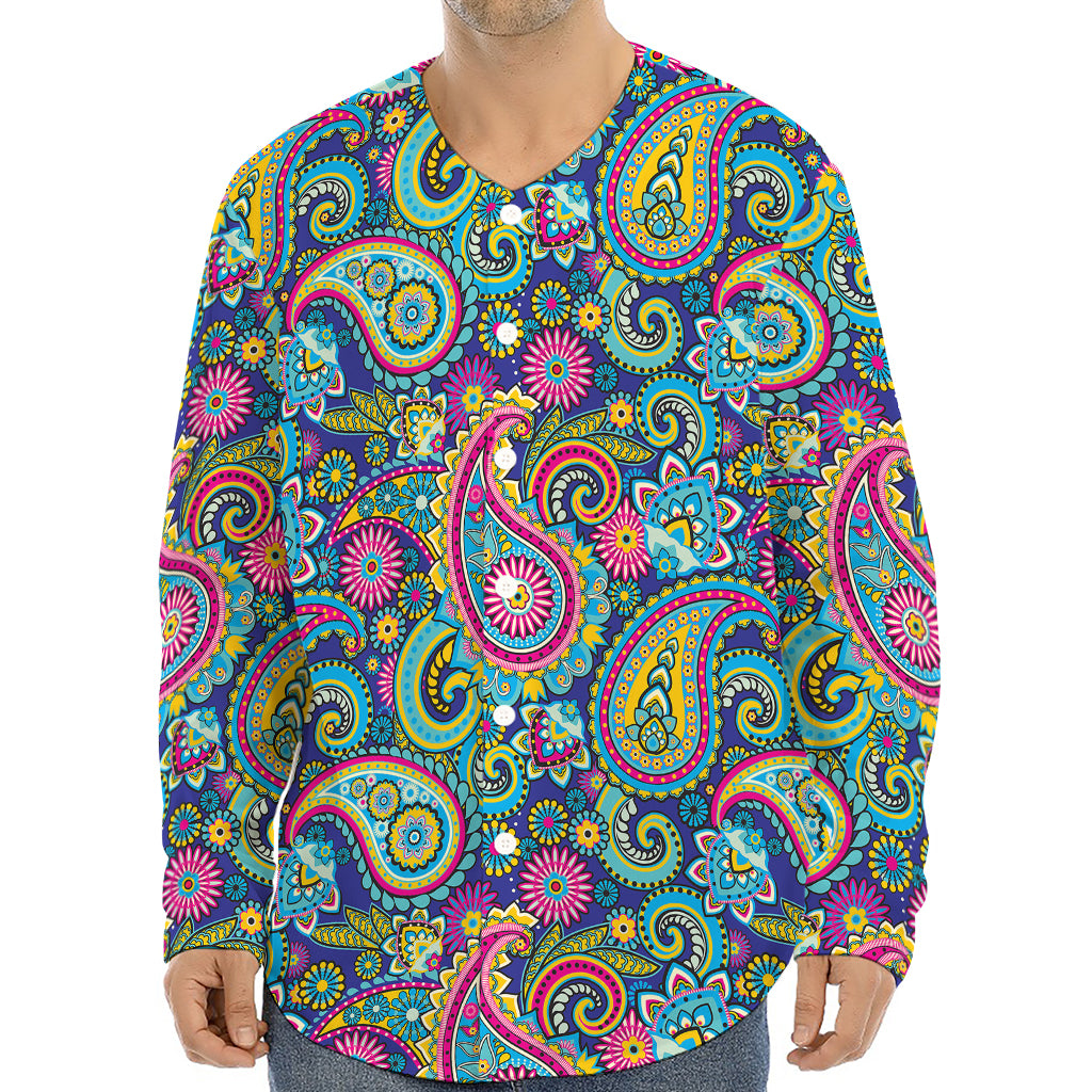 Colorful Paisley Pattern Print Long Sleeve Baseball Jersey