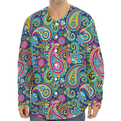 Colorful Paisley Pattern Print Long Sleeve Baseball Jersey