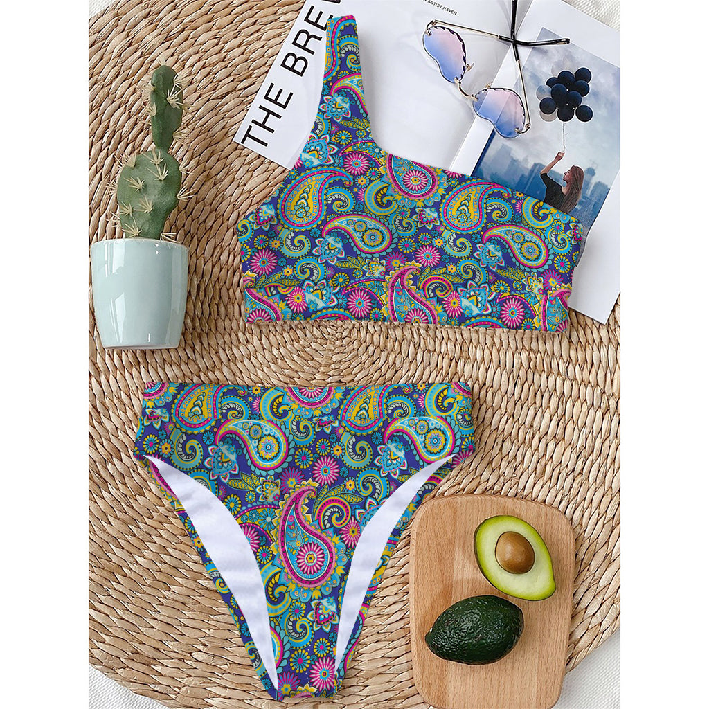 Colorful Paisley Pattern Print One Shoulder Bikini Top