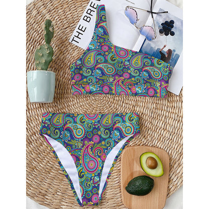 Colorful Paisley Pattern Print One Shoulder Bikini Top