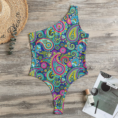 Colorful Paisley Pattern Print One Shoulder Bodysuit