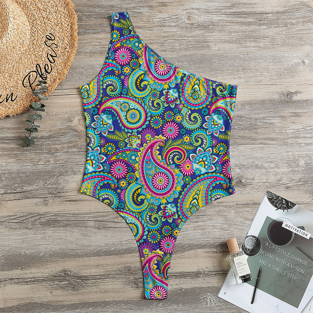 Colorful Paisley Pattern Print One Shoulder Bodysuit