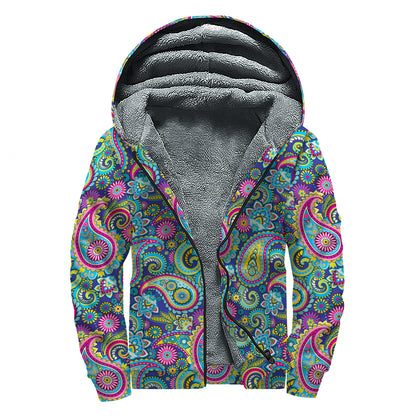 Colorful Paisley Pattern Print Sherpa Lined Zip Up Hoodie
