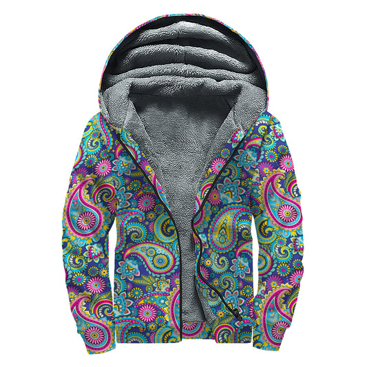 Colorful Paisley Pattern Print Sherpa Lined Zip Up Hoodie