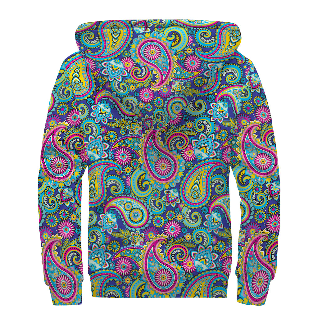Colorful Paisley Pattern Print Sherpa Lined Zip Up Hoodie
